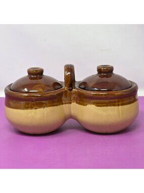 Vintage Brown Glazed Stoneware Double Condiment Jar Lids Handle Rustic Decor